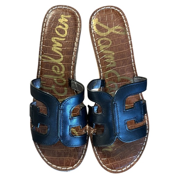 NWOB Sam Edelman Black Ronie Leather Logo Wedge Sandals - Picture 2 of 9